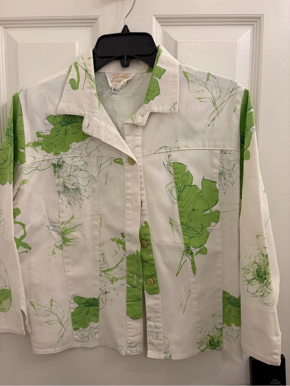 Green Leaf Print Button-Front Shirt Jacket